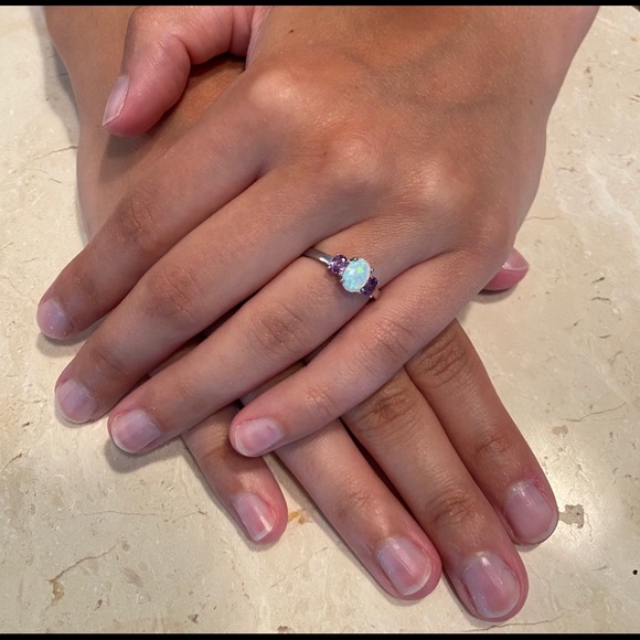 Sterling Silver Lab Created Opal Ring - Picture 5 of 16